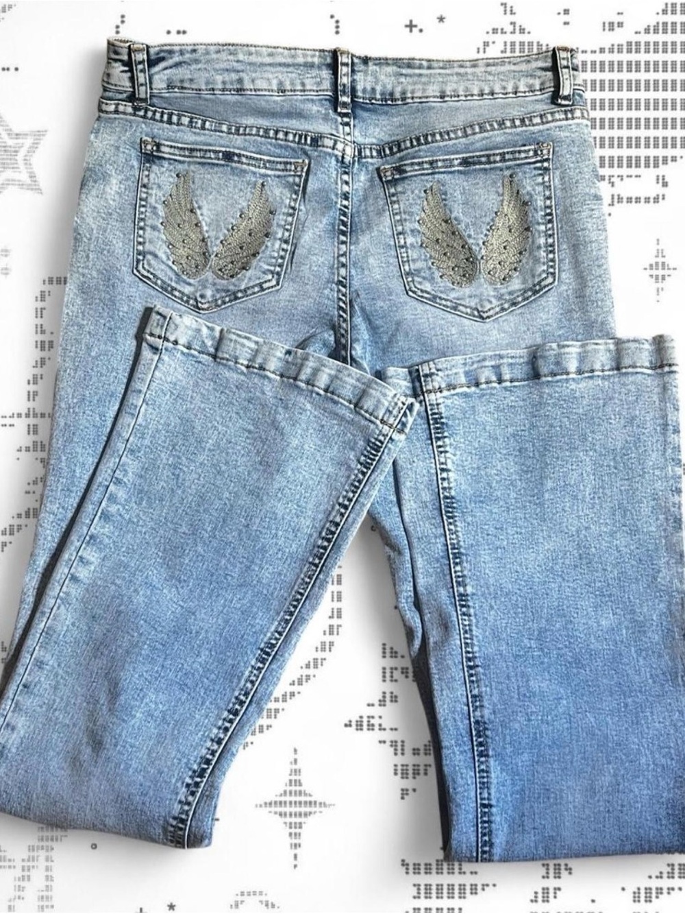 refuge Light Blue Boot Cut Jeans with Embroidered Wing Pockets